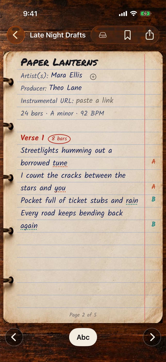 Versatile on iPhone: the first verse of a song with its rhyme scheme